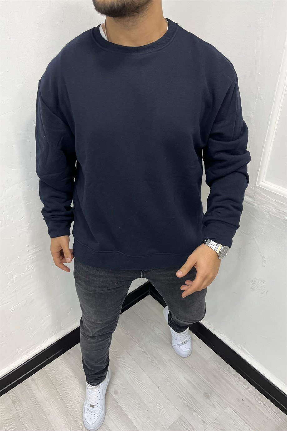 SWEATSHİRTLacivert 3 İplik Şardonlu Oversize Sweatshirt | VİP LOKAL1007-LacivertLacivert 3 İplik Şardonlu Oversize Sweatshirt