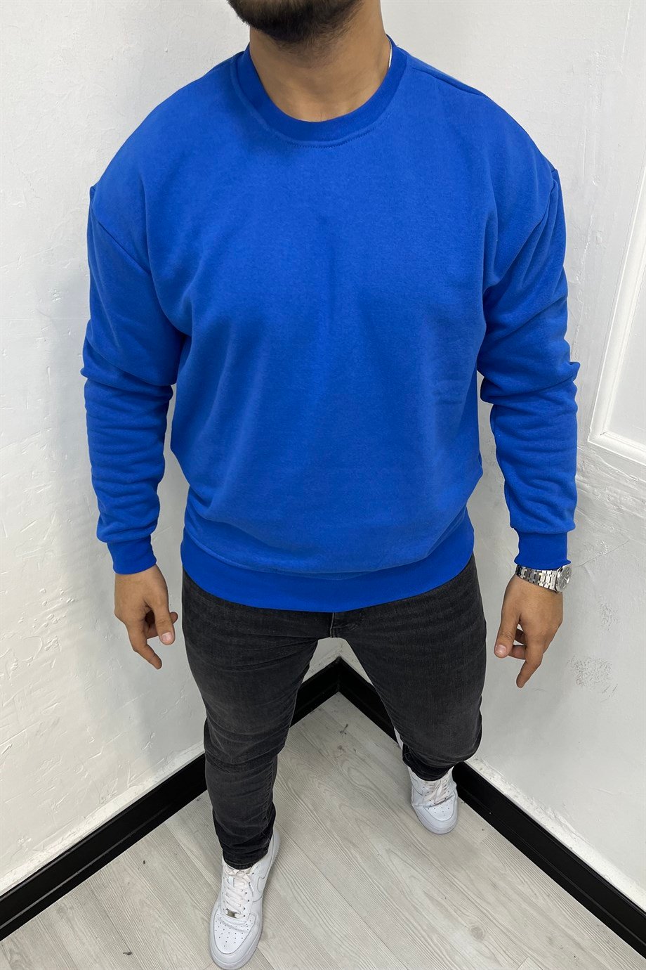 SWEATSHİRTMavi 3 İplik Şardonlu Oversize Sweatshirt | VİP LOKAL1007-MaviMavi 3 İplik Şardonlu Oversize Sweatshirt