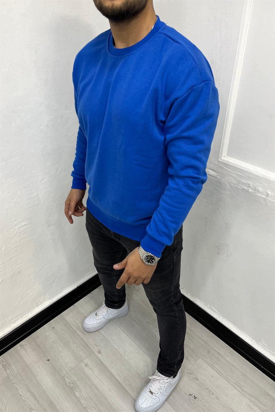 SWEATSHİRTMavi 3 İplik Şardonlu Oversize Sweatshirt | VİP LOKAL1007-MaviMavi 3 İplik Şardonlu Oversize Sweatshirt