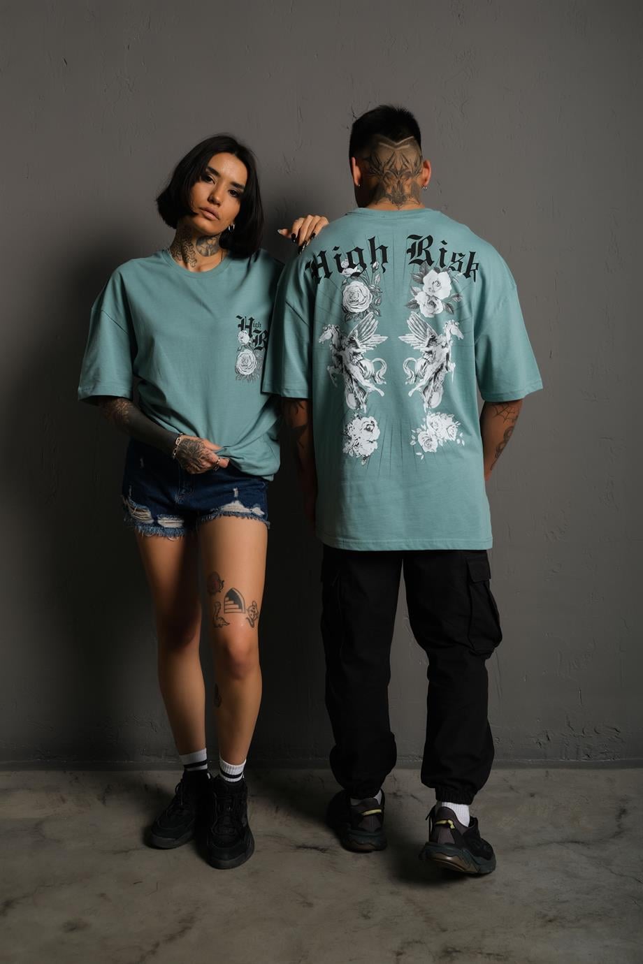 T-SHİRTMint Mavi High Risk Baskılı Oversize Basic Tshirt | VİP LOKAL1077-MintMint Mavi High Risk Baskılı Oversize Basic Tshirt