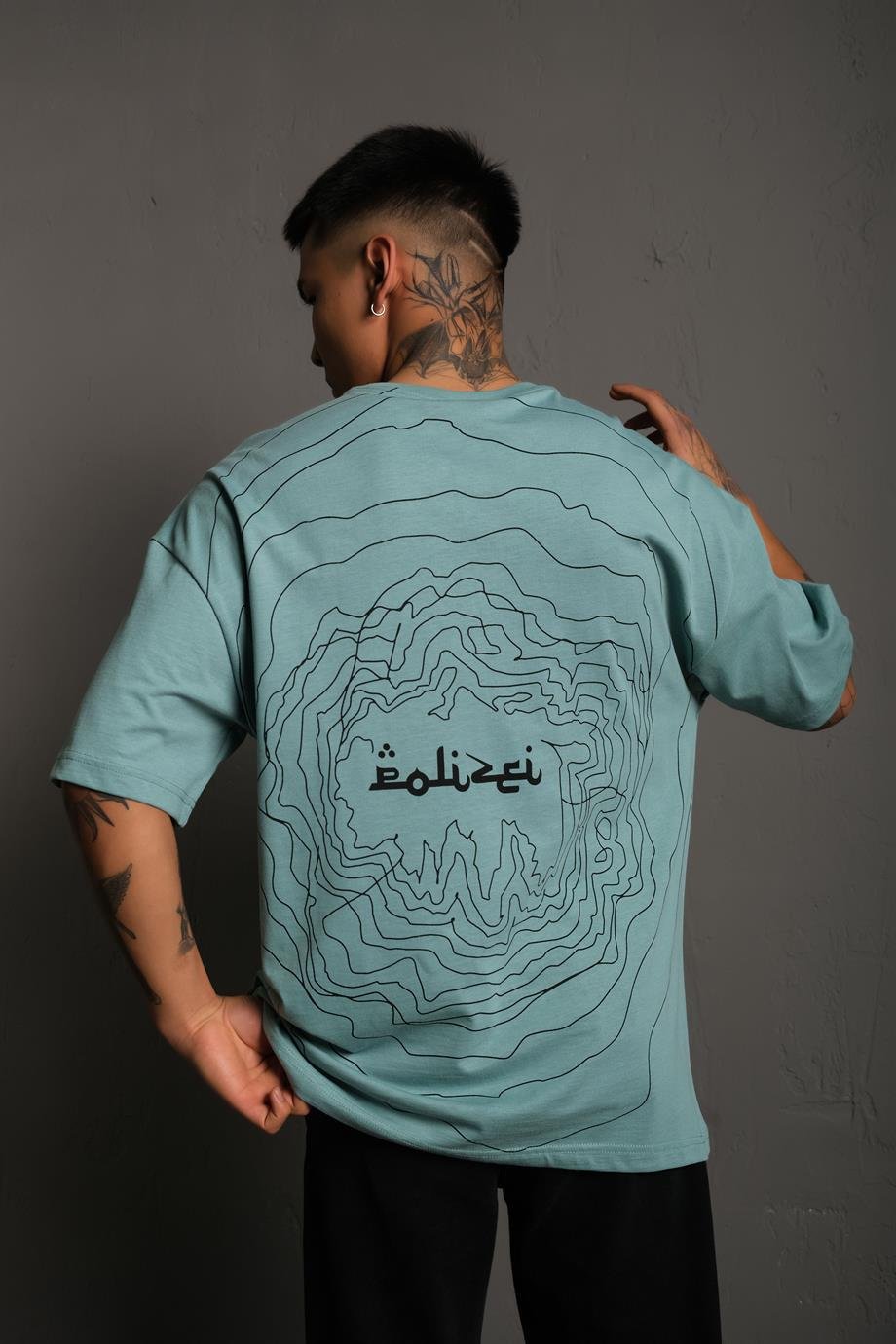 T-SHİRTMint Mavi Polizei Baskılı Oversize Basic Tshirt | VİP LOKAL1074-MintMint Mavi Polizei Baskılı Oversize Basic Tshirt