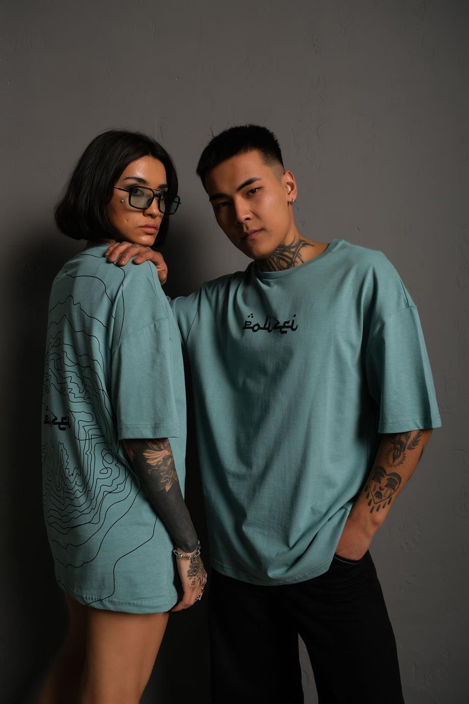T-SHİRTMint Mavi Polizei Baskılı Oversize Basic Tshirt | VİP LOKAL1074-MintMint Mavi Polizei Baskılı Oversize Basic Tshirt