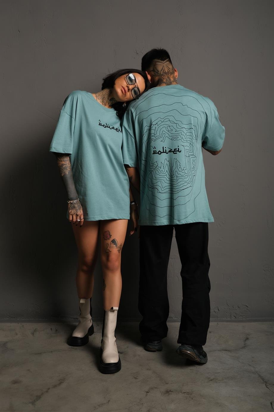 T-SHİRTMint Mavi Polizei Baskılı Oversize Basic Tshirt | VİP LOKAL1074-MintMint Mavi Polizei Baskılı Oversize Basic Tshirt