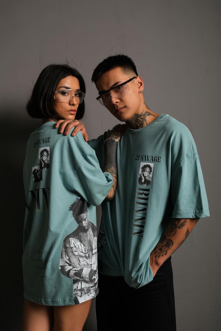 T-SHİRTMint Mavi Savage Baskılı Oversize Basic Tshirt | VİP LOKAL1072-MintMint Mavi Savage Baskılı Oversize Basic Tshirt