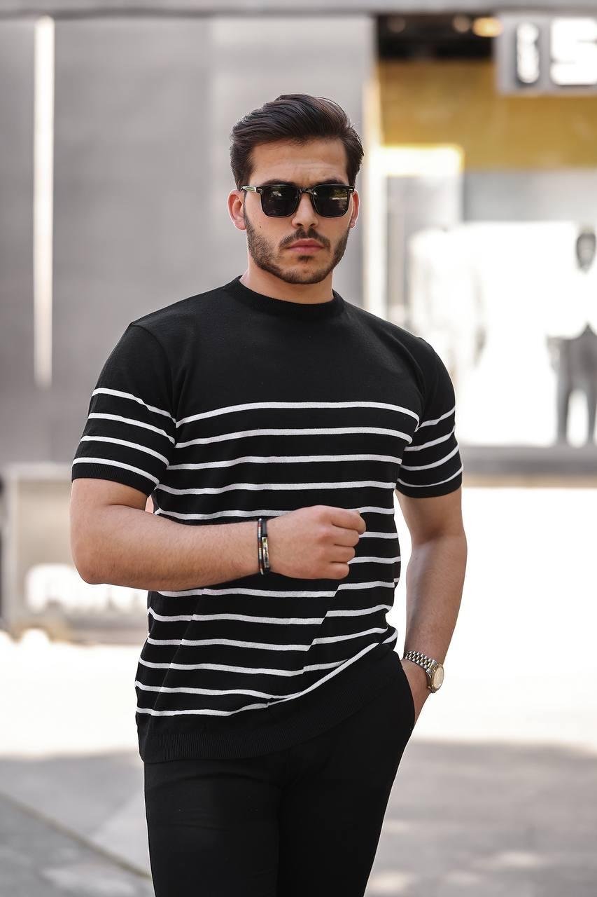 T-SHİRTSiyah Çizgili Basic Örme Triko Tshirt  | VİP LOKAL1365-SiyahSiyah Çizgili Basic Örme Triko Tshirt