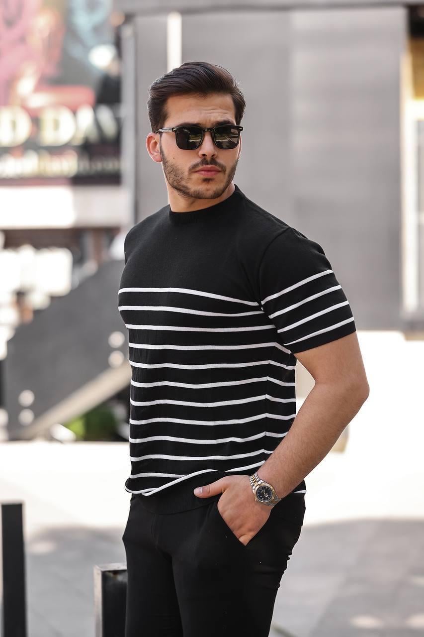 T-SHİRTSiyah Çizgili Basic Örme Triko Tshirt  | VİP LOKAL1365-SiyahSiyah Çizgili Basic Örme Triko Tshirt