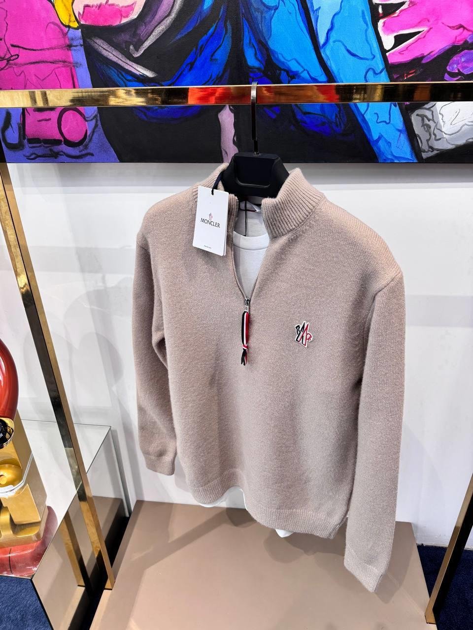 YENİ SEZON MONCLER BEJ YARI FERMUARLI YÜN KAZAK
