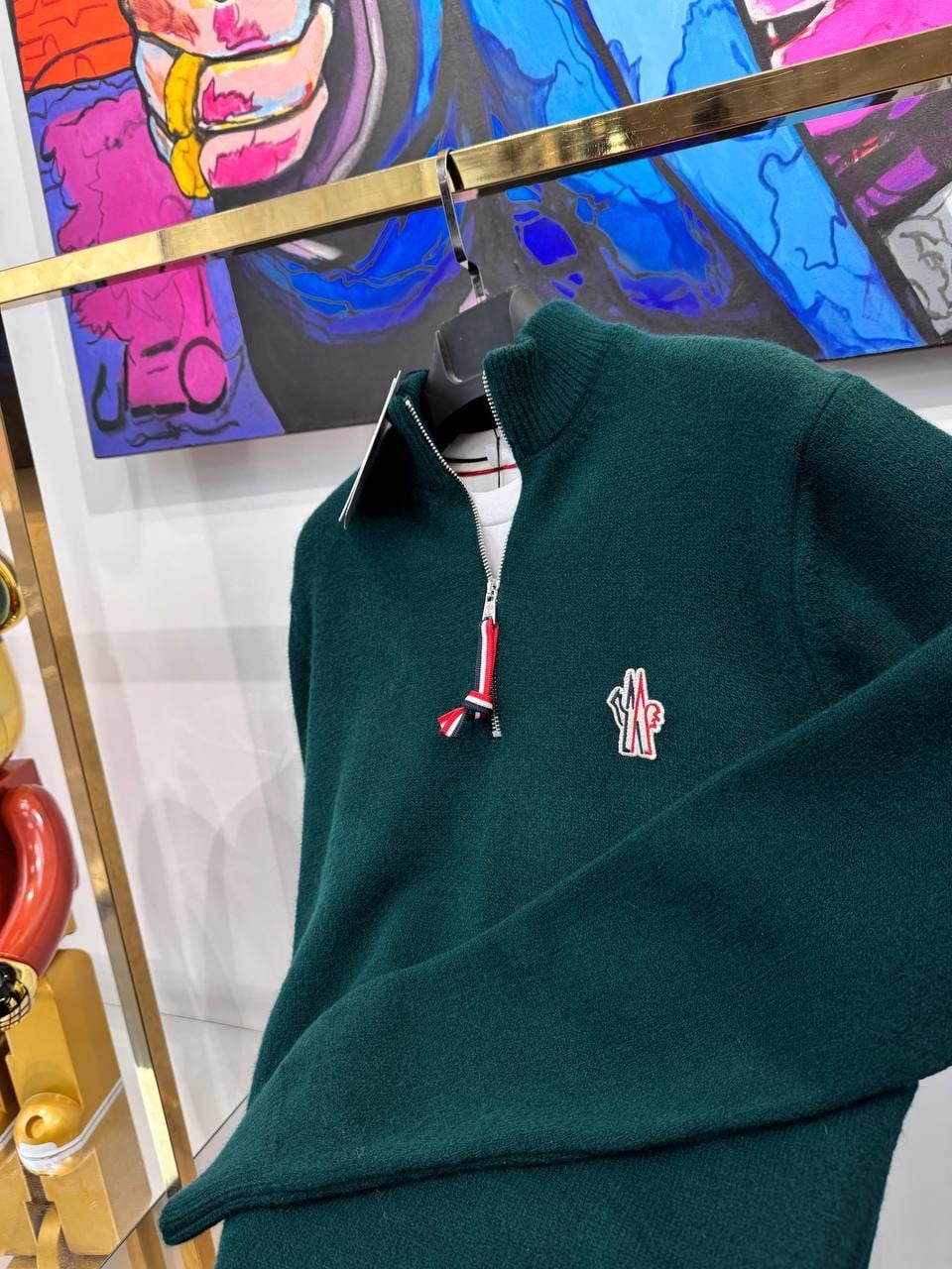 YENİ SEZON MONCLER YEŞİL YARI FERMUARLI YÜN KAZAK