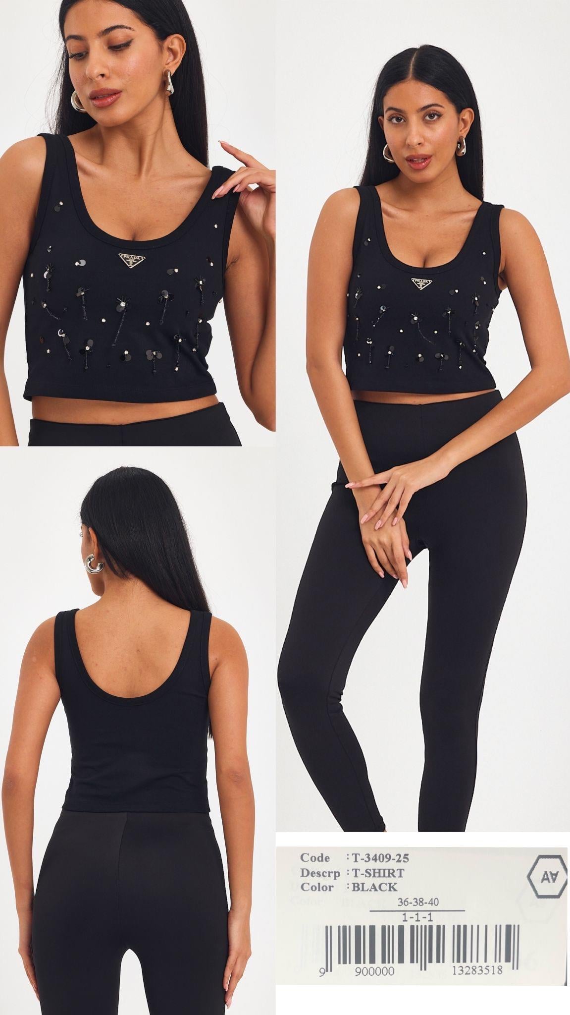 YENİ SEZON PRADA SİYAH PULLU CROP TOP