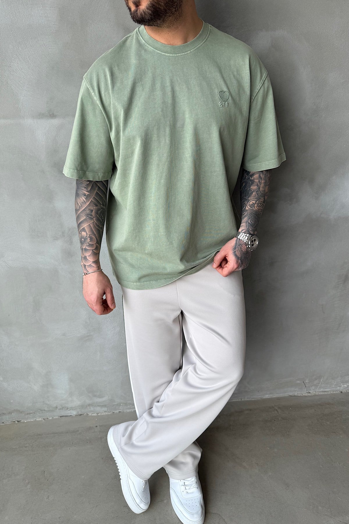 Acid Yıkma Yeşil Basic T-Shirt
