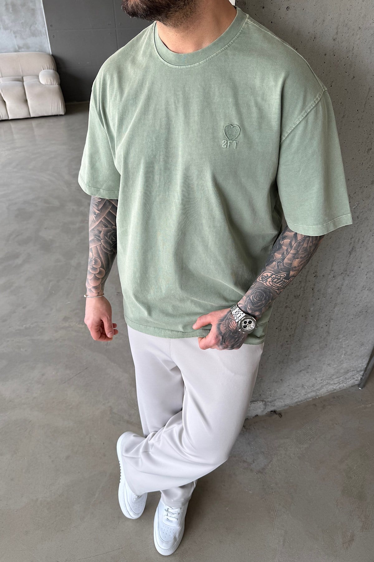 Acid Yıkma Yeşil Basic T-Shirt