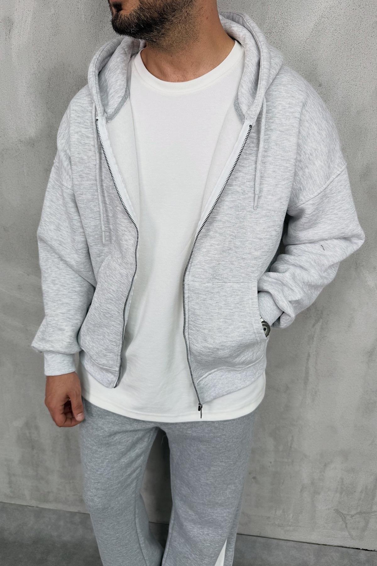 Açık Gri Basic Tam Fermuarlı Zip