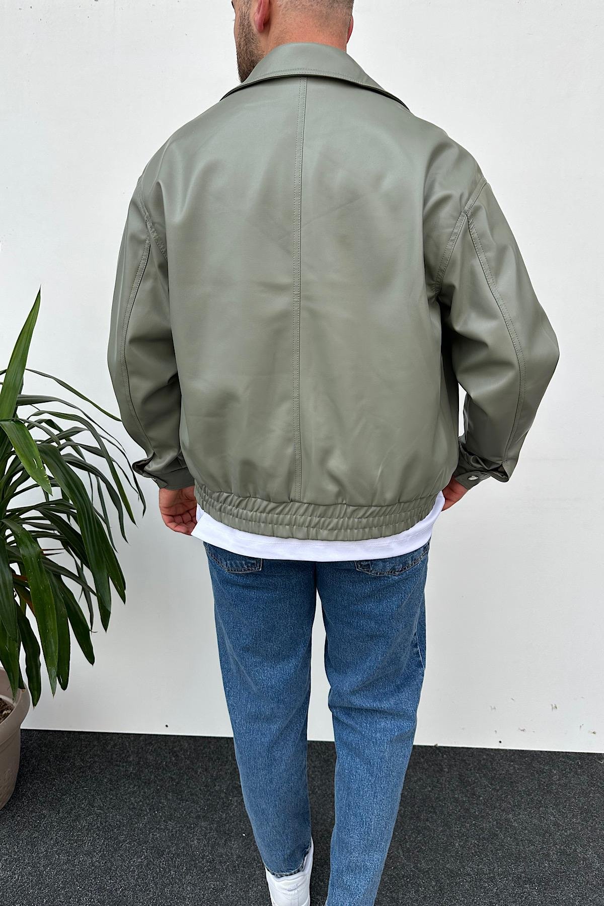 Açık Yeşil Cepli Deri Ceket