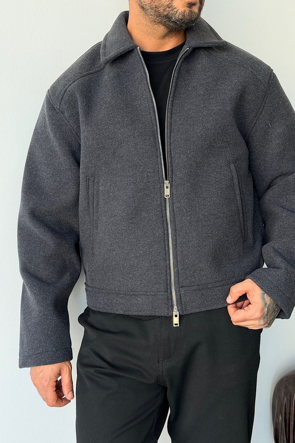 Antrasit Kaşe Dokulu Fermuarlı Boxy Fit Ceket