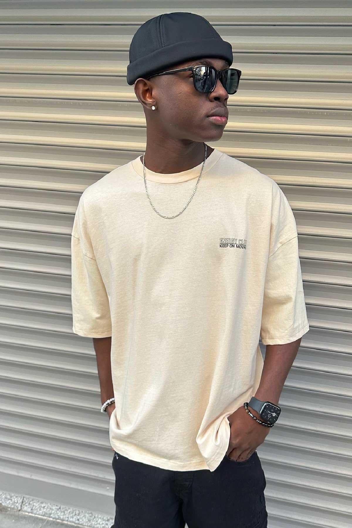 Baskılı Bej Oversize T-Shirt