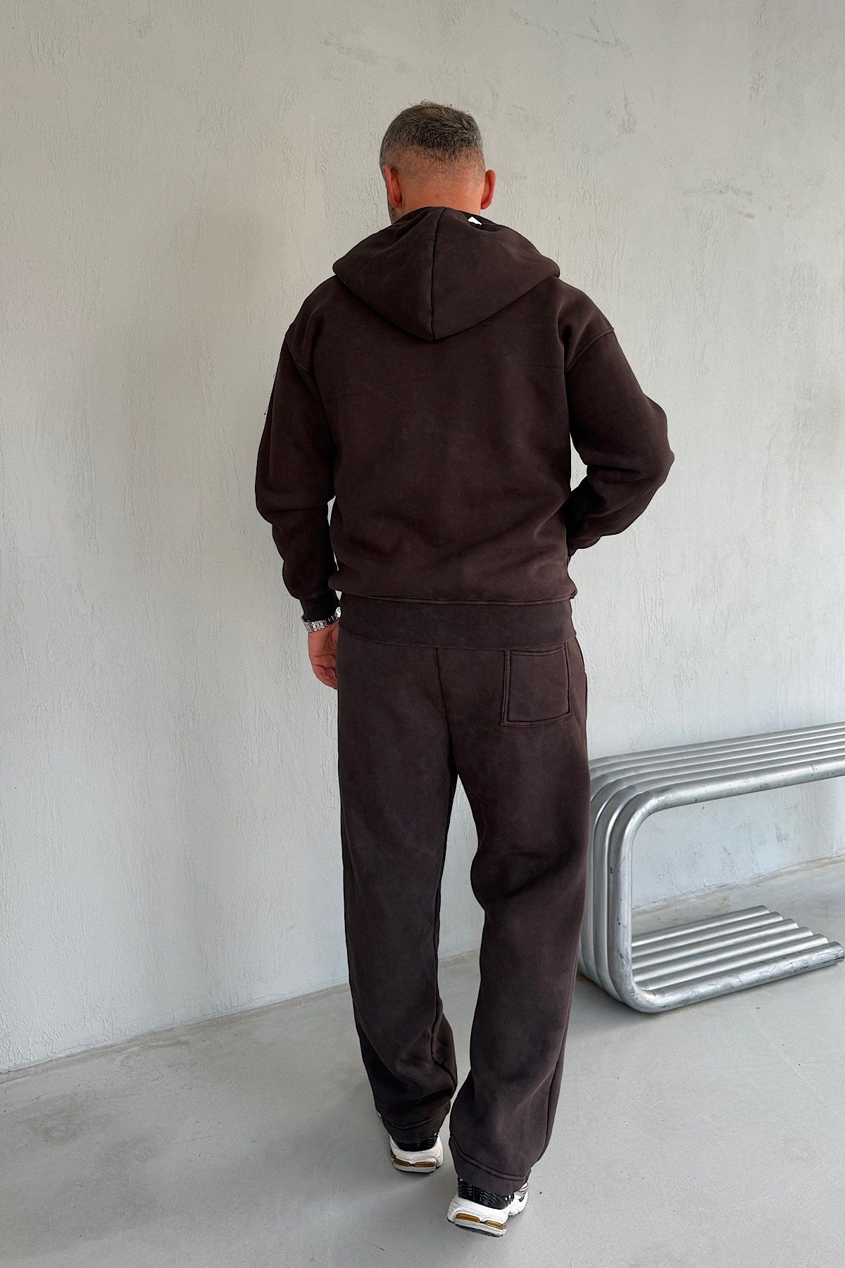 Baskılı Yıkamalı Eşofman Takım - Kahve