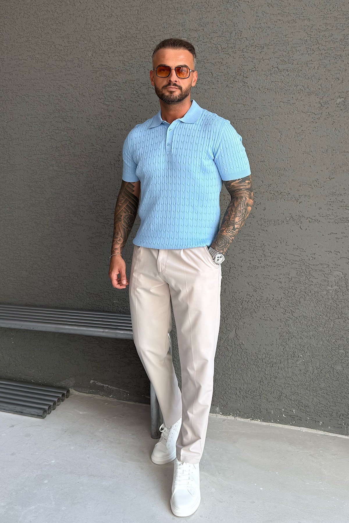 Bebe Mavi Saç Örgü Polo Yaka T-Shirt