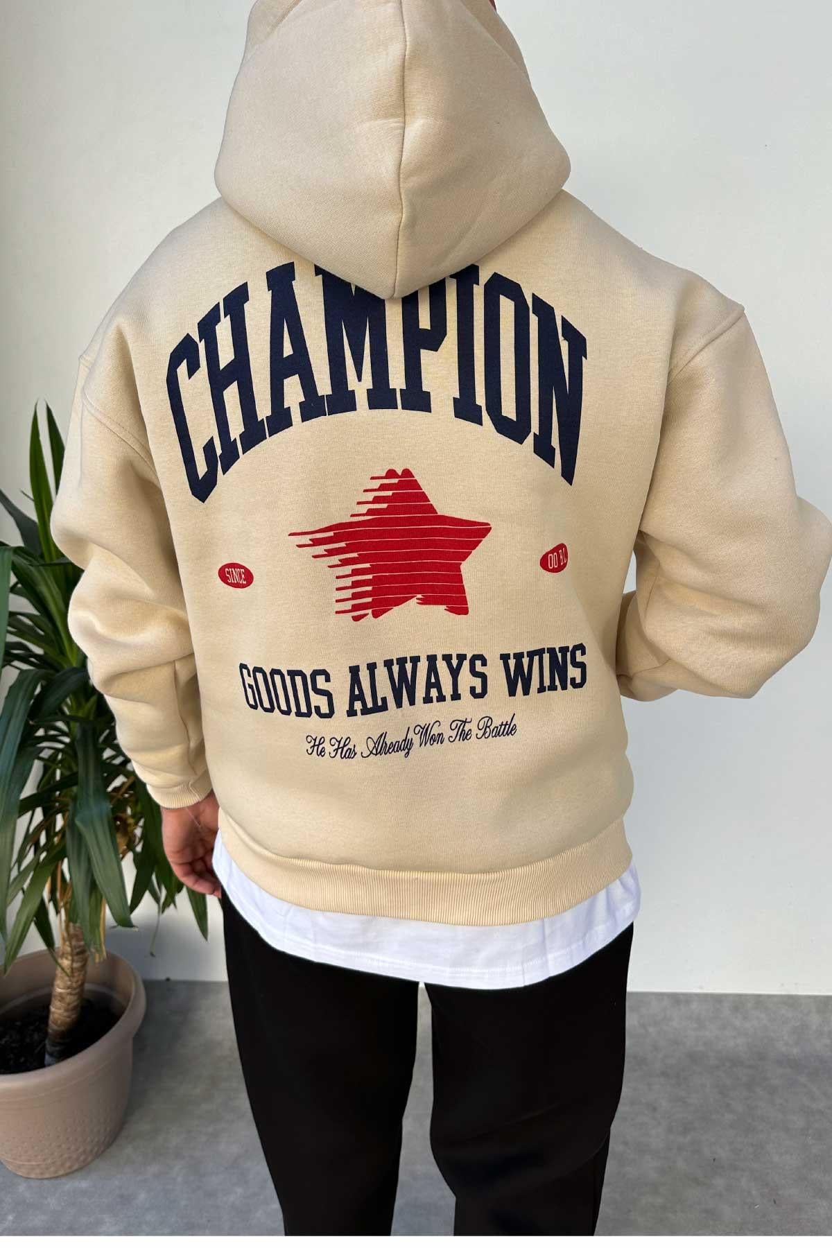 Bej Baskılı Kapşonlu Sweatshirt