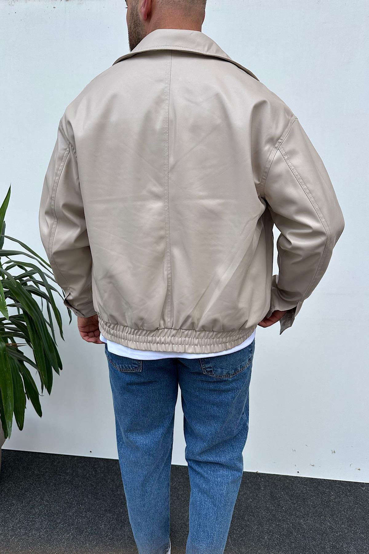 Bej Cepli Deri Ceket