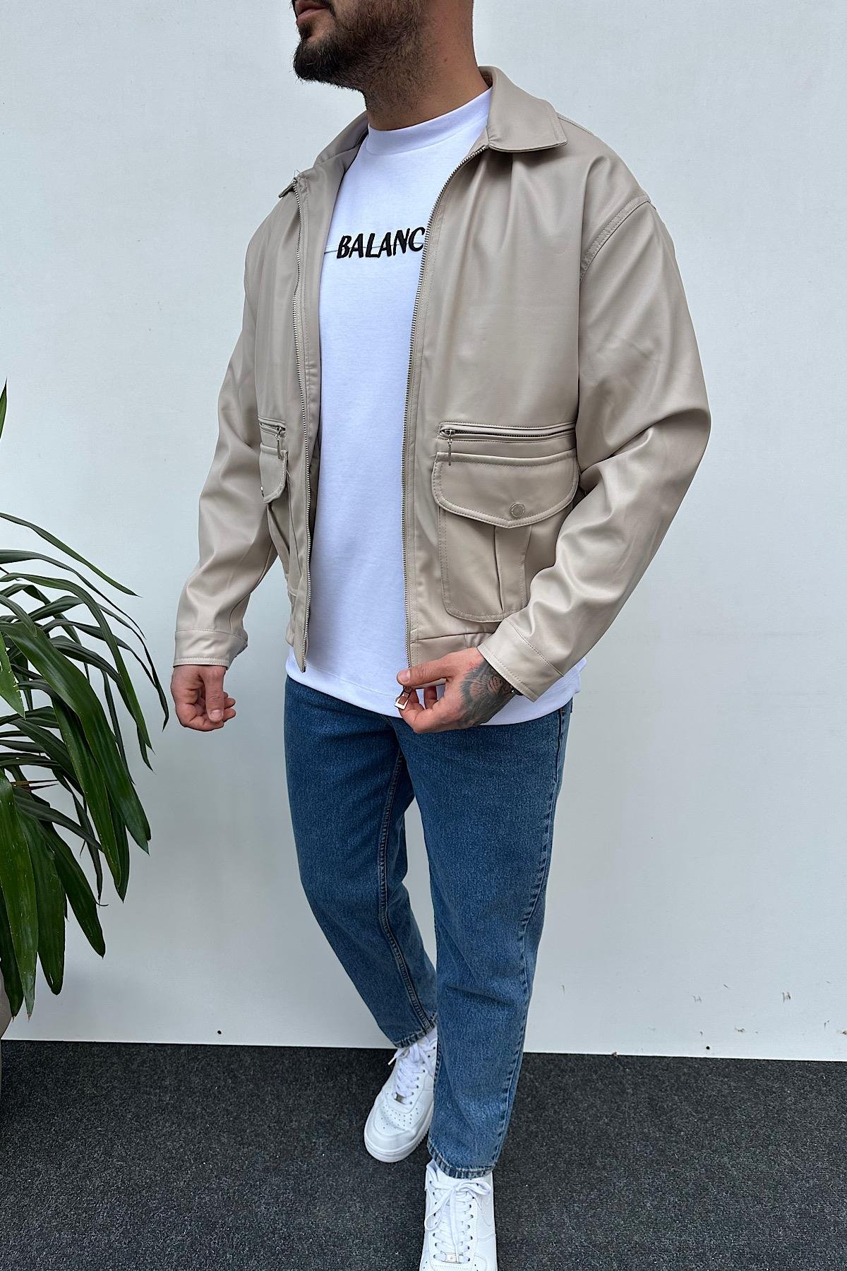 Bej Cepli Deri Ceket