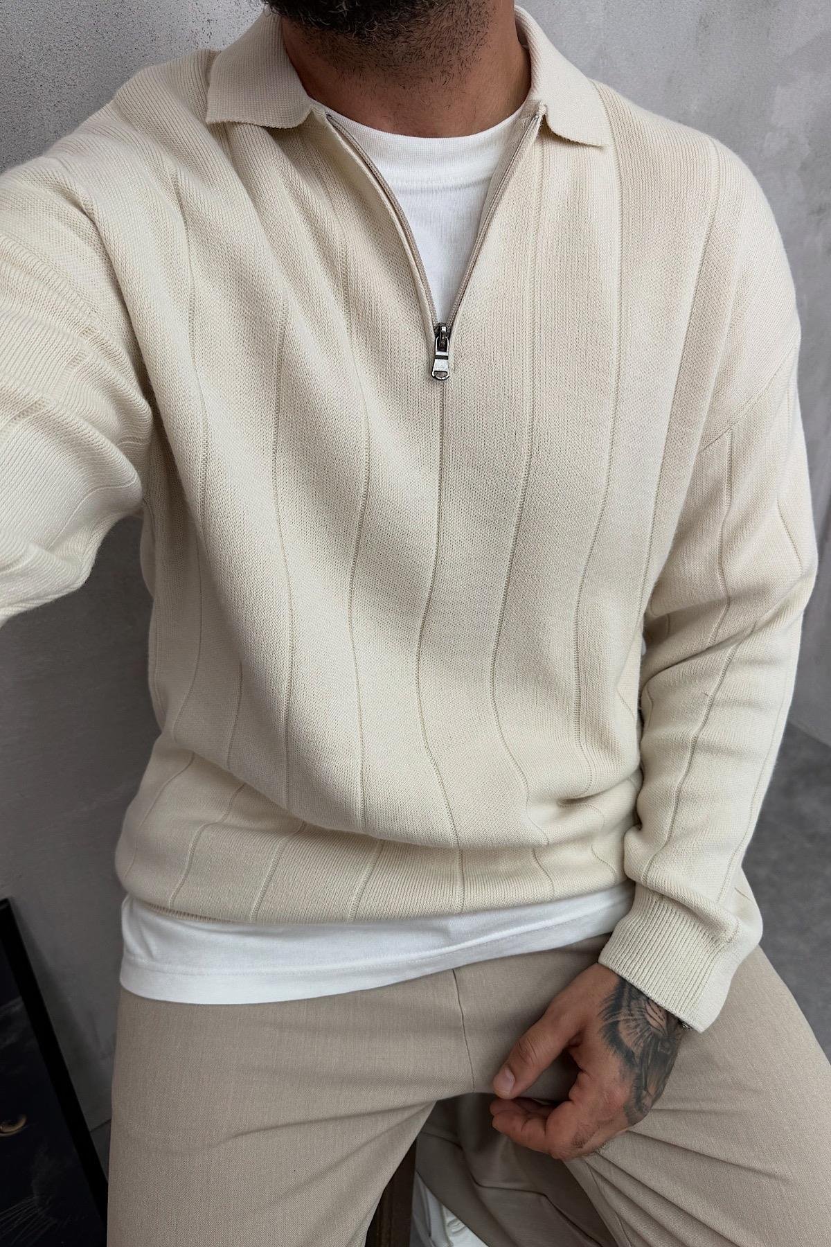 Bej Fermuarlı Polo Yaka Triko