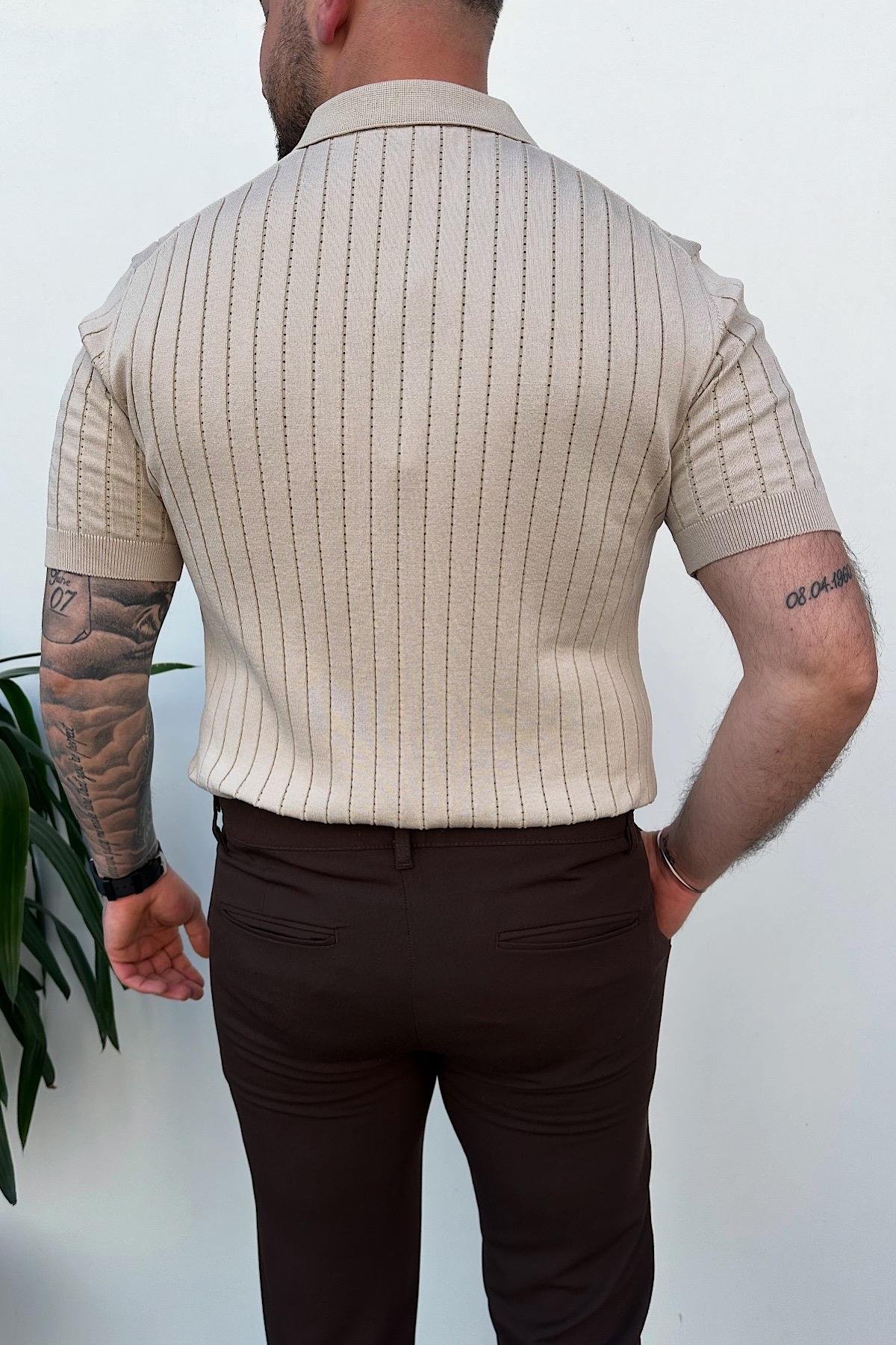 Bej Fitilli Polo Yaka T-Shirt