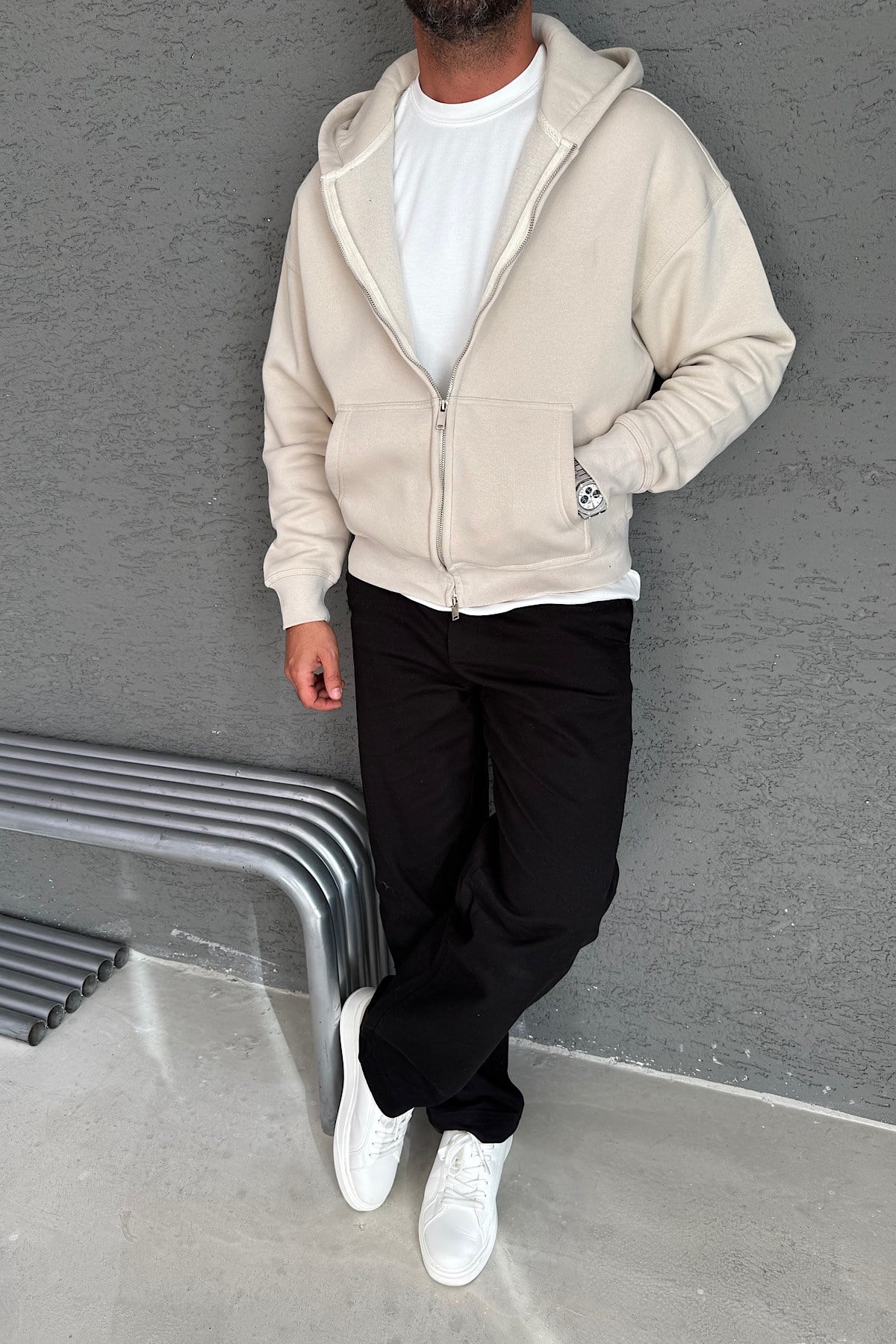 Bej Kapşonlu Basic Zip