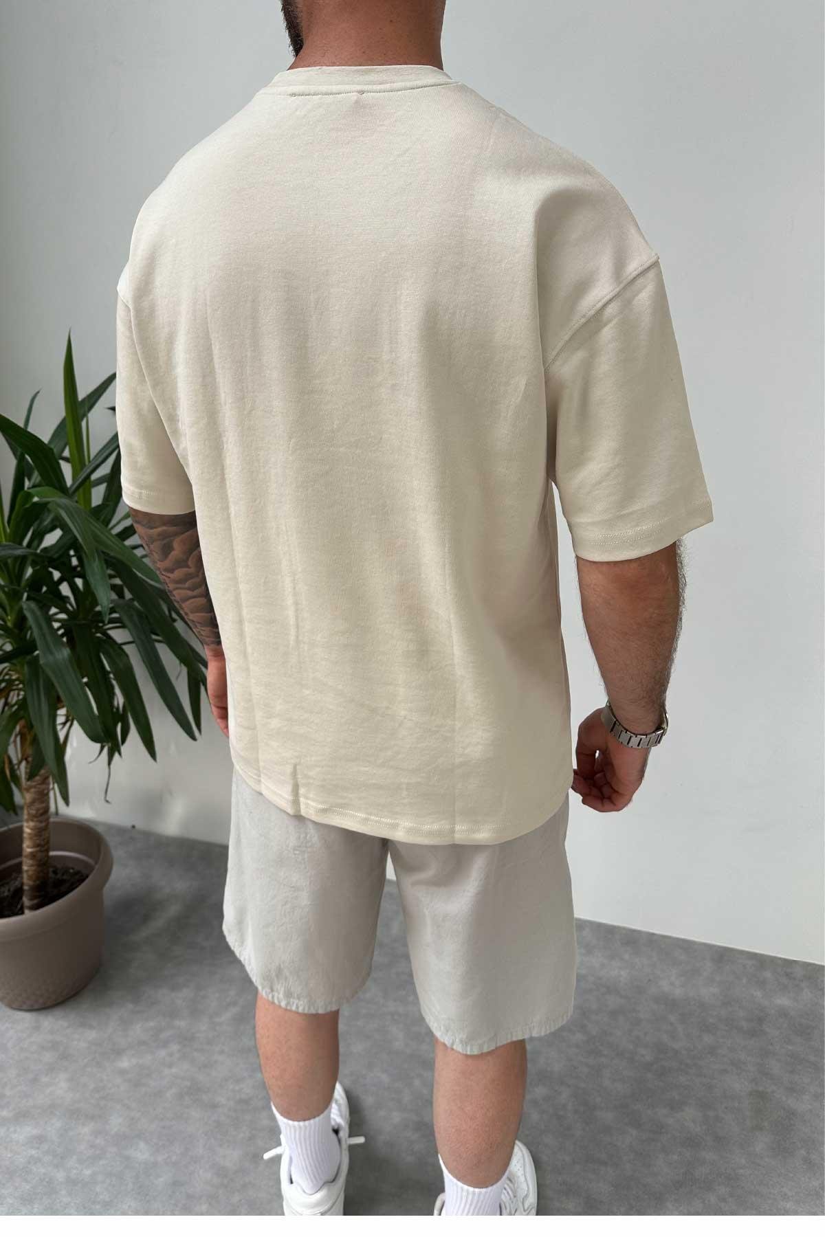 Bej Keps Baskılı Oversize T-Shirt