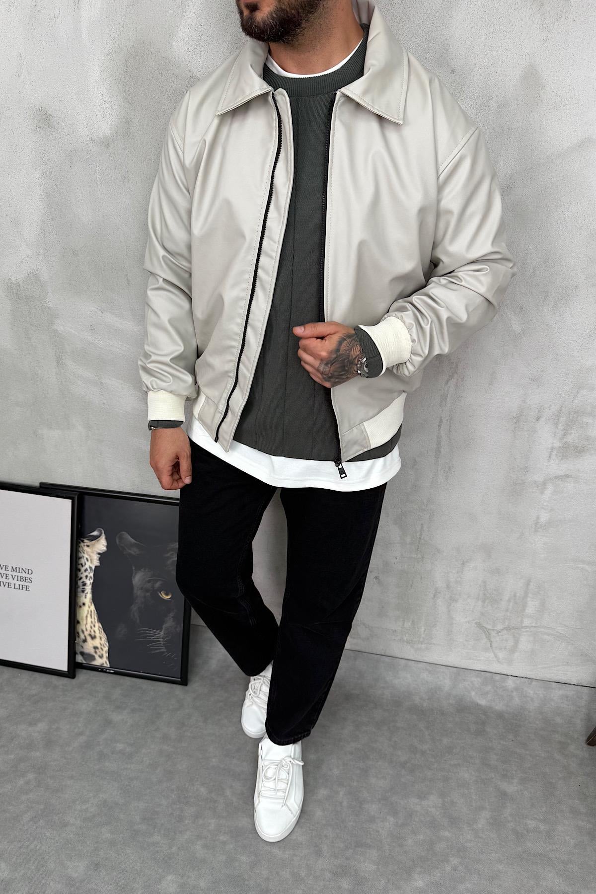 Bej Normal Kalıp Deri ceket 