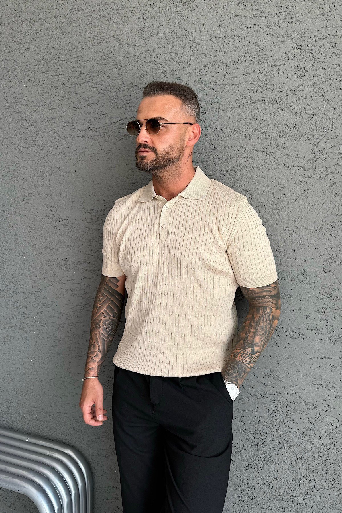 Bej Saç Örgü Polo Yaka T-Shirt