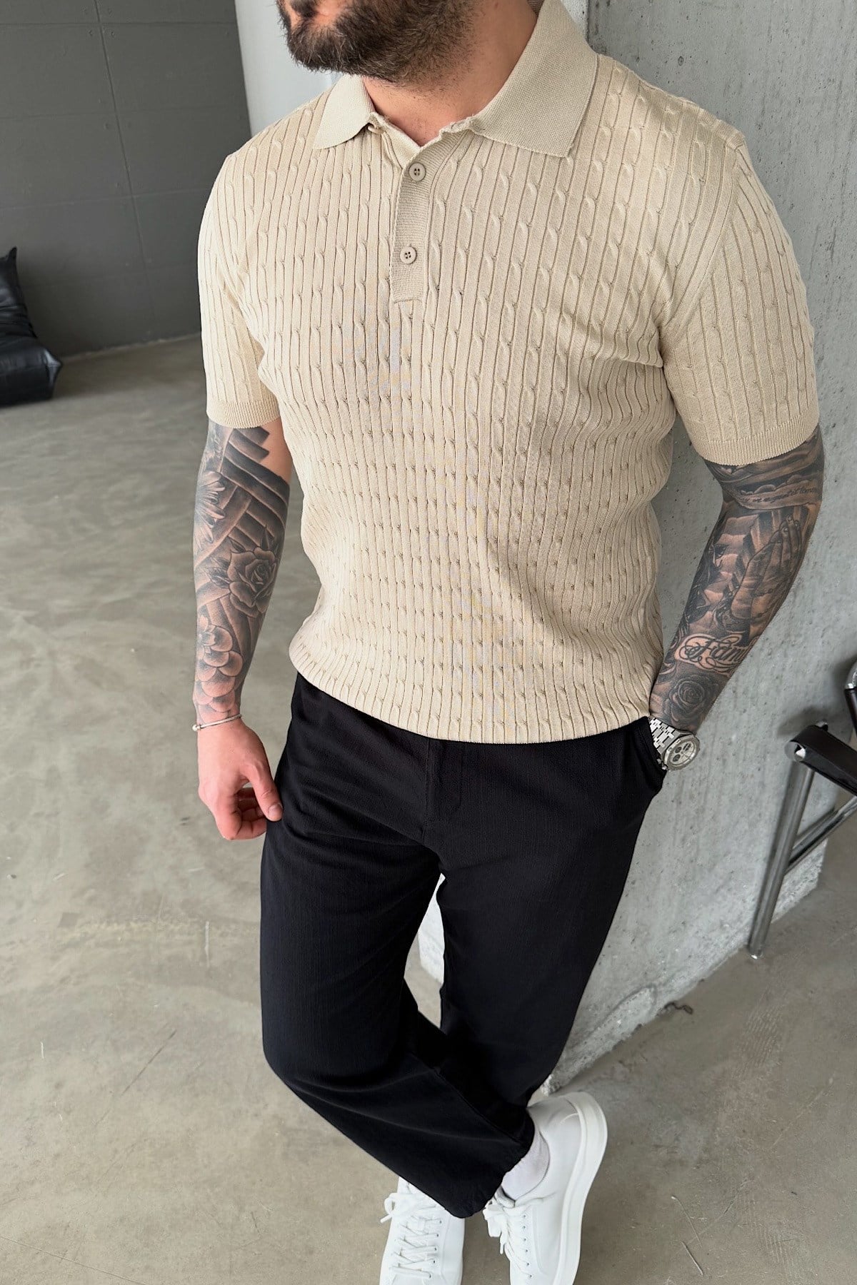 Bej Saç Örgü Polo Yaka T-Shirt