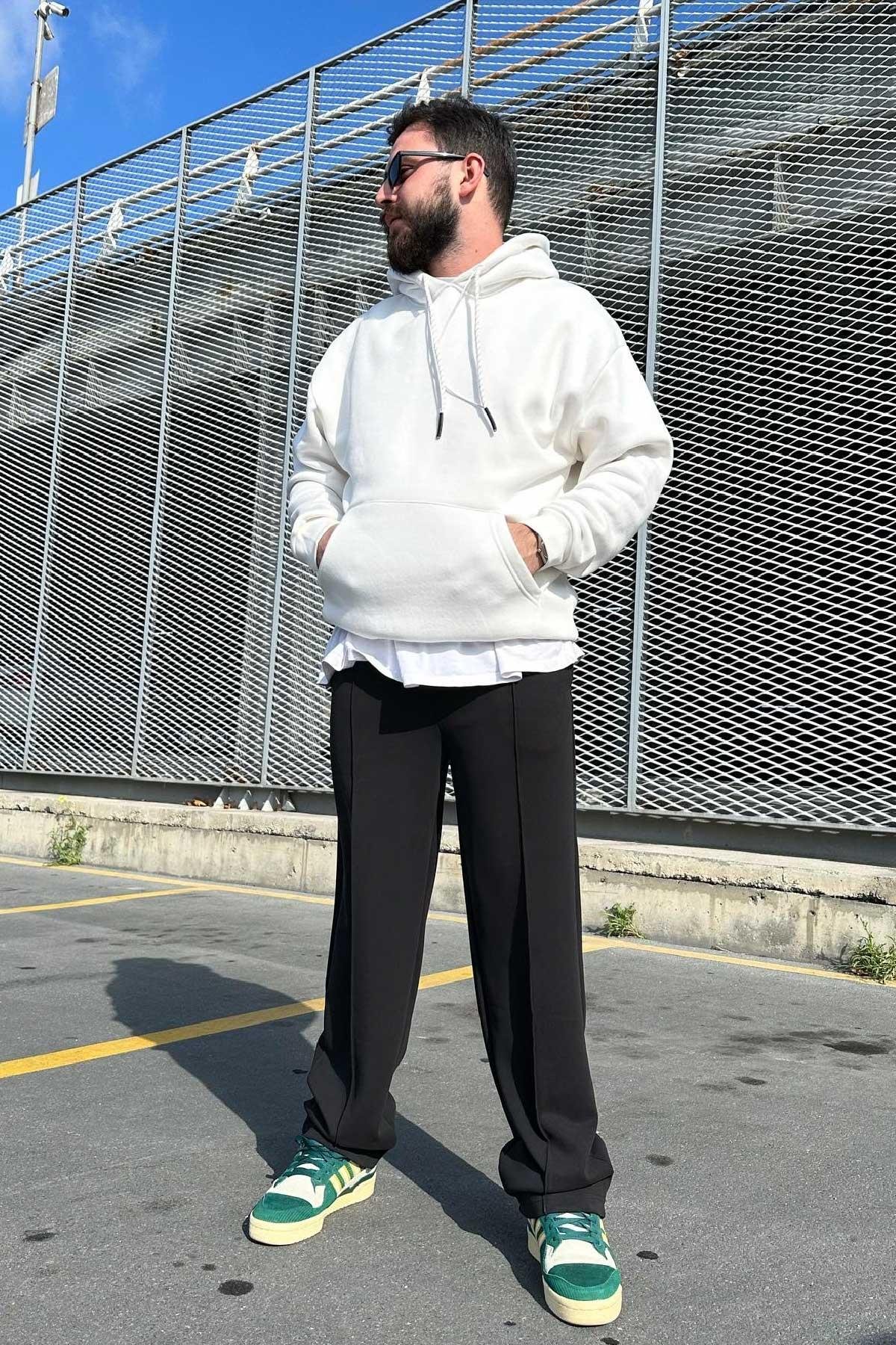 Beyaz Basic Kapşonlu Sweatshirt