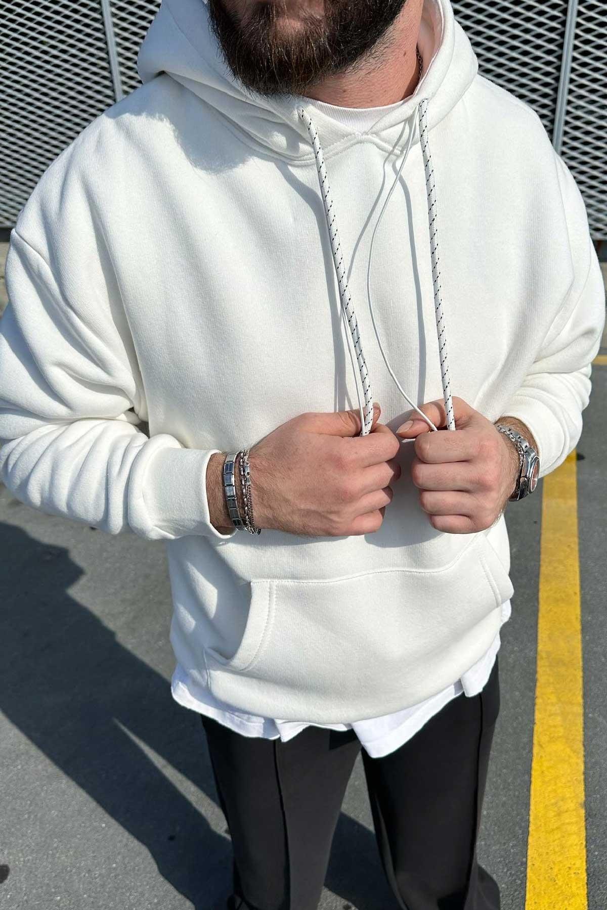 Beyaz Basic Kapşonlu Sweatshirt