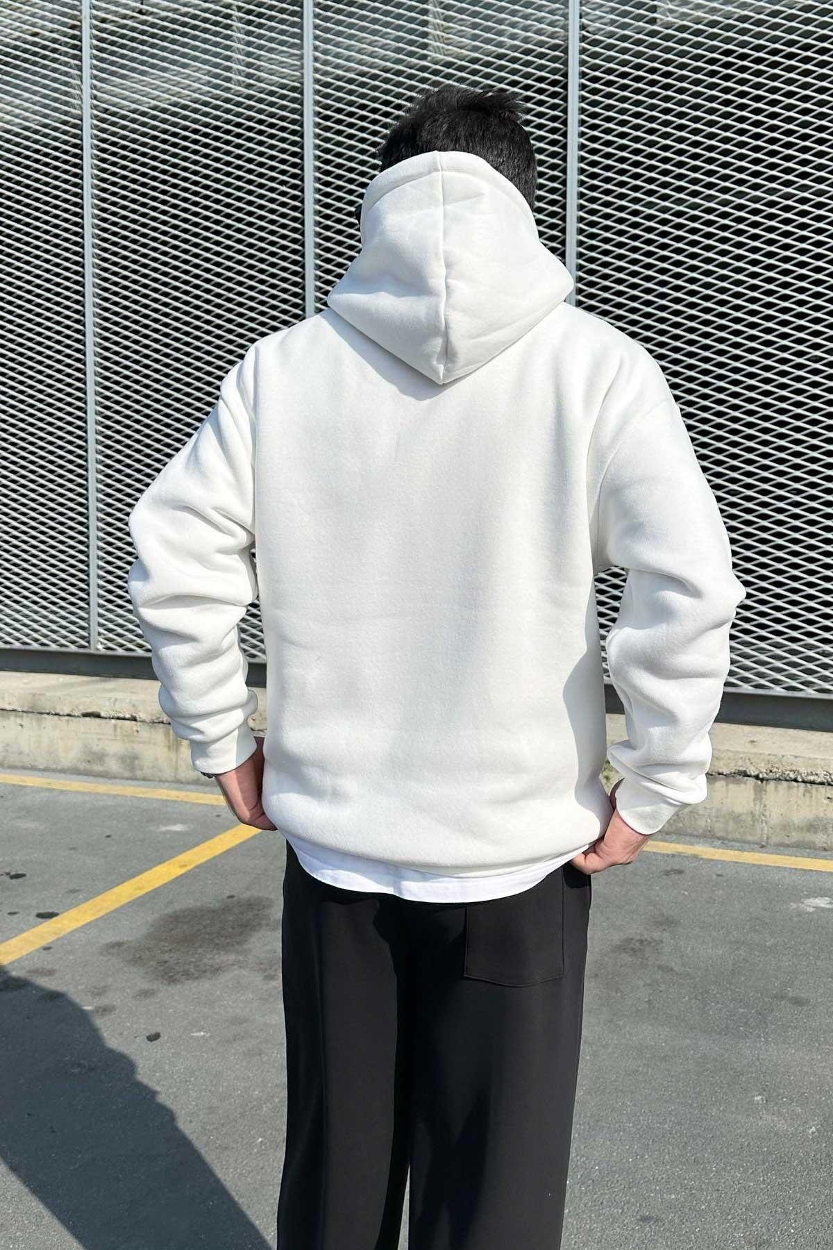 Beyaz Basic Kapşonlu Sweatshirt