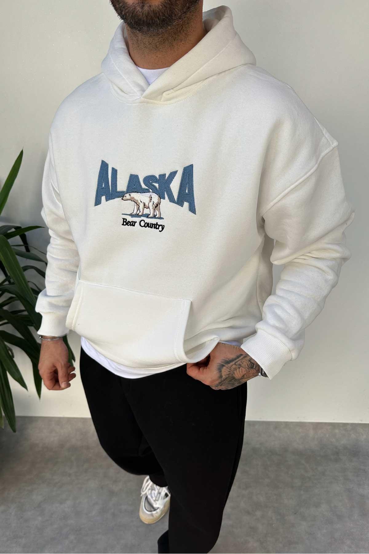 Beyaz Baskılı Kapşonlu Sweatshirt