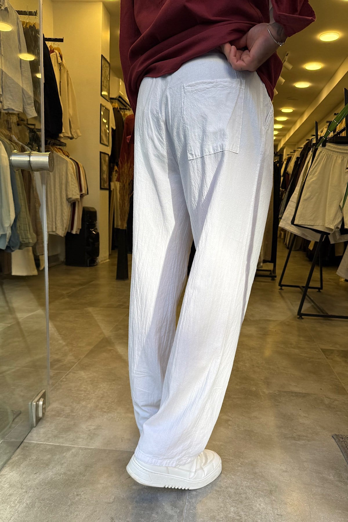 Beyaz Beli İpli Baggy Keten Pantolon 