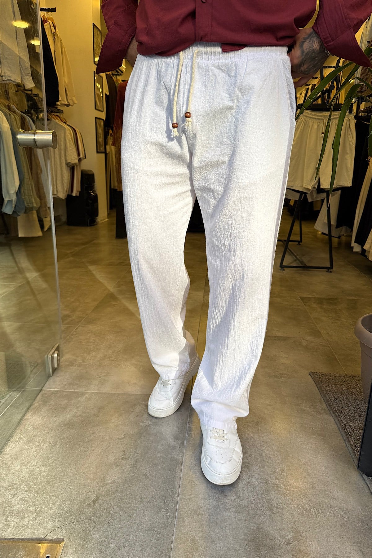 Beyaz Beli İpli Baggy Keten Pantolon 