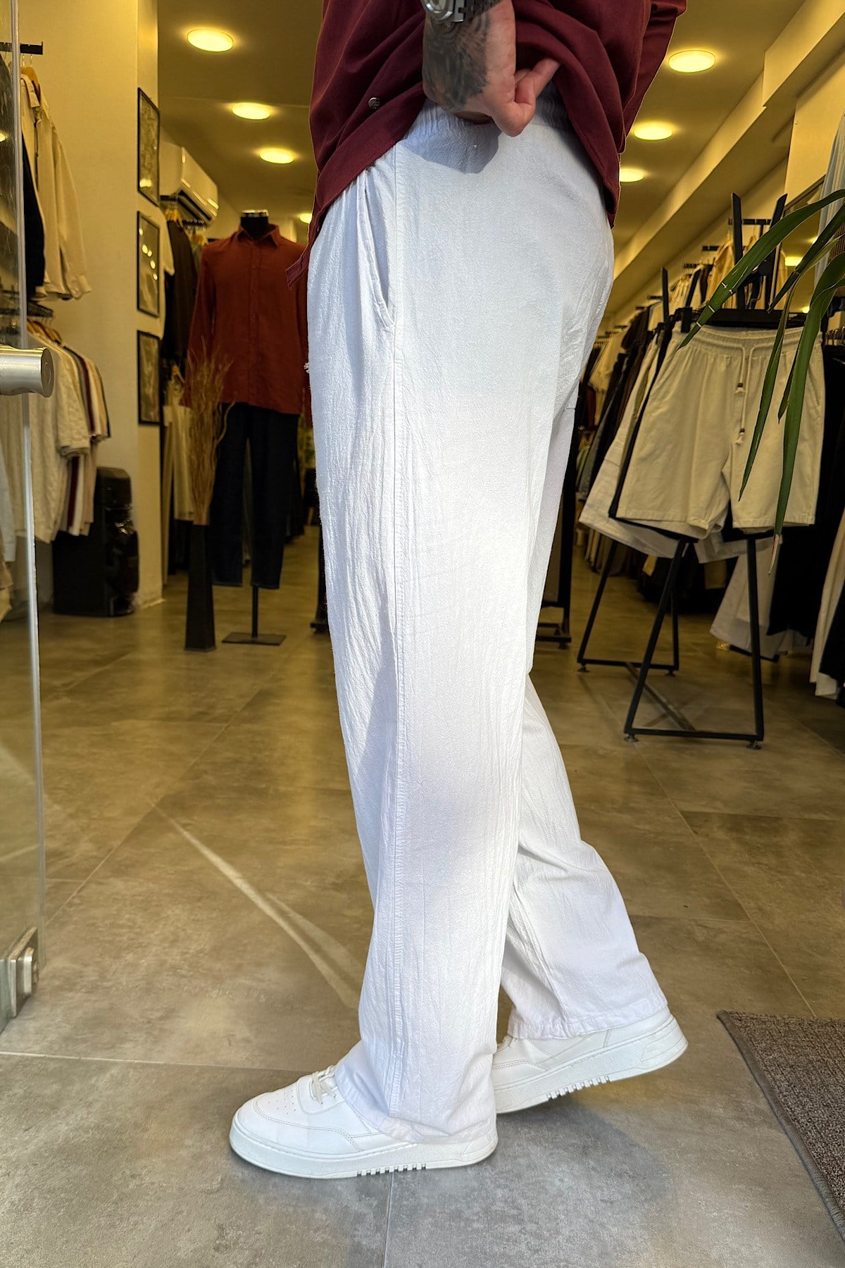 Beyaz Beli İpli Baggy Keten Pantolon 