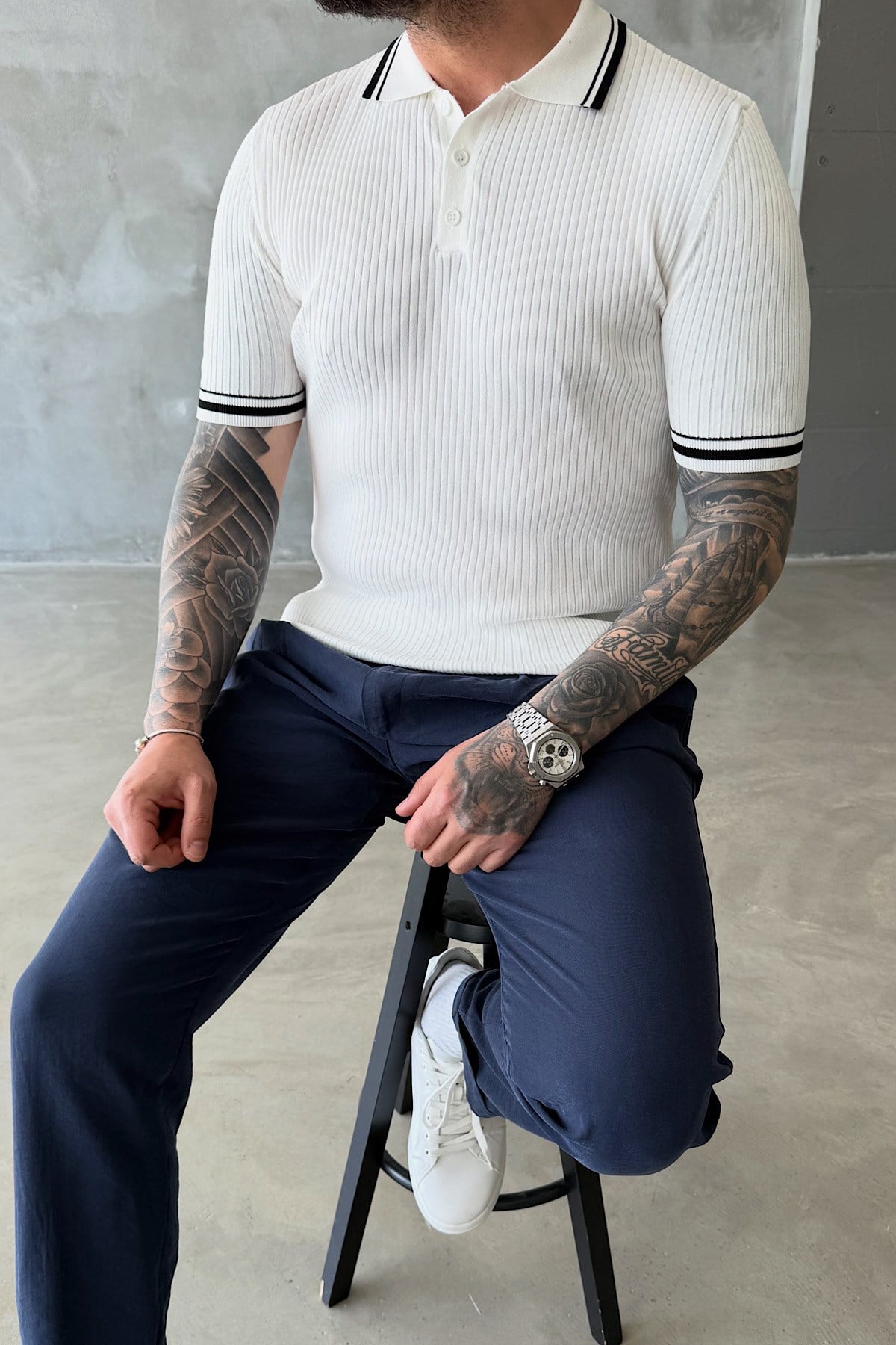 Beyaz Fitilli Polo Yaka T-Shirt