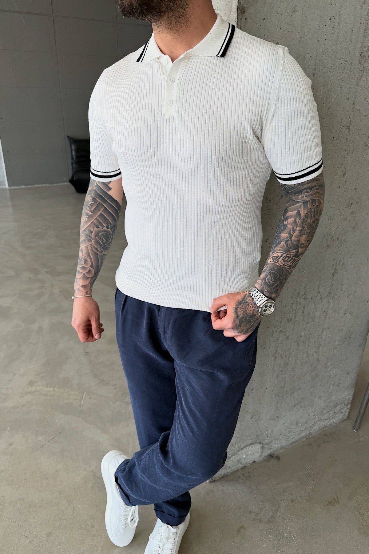 Beyaz Fitilli Polo Yaka T-Shirt