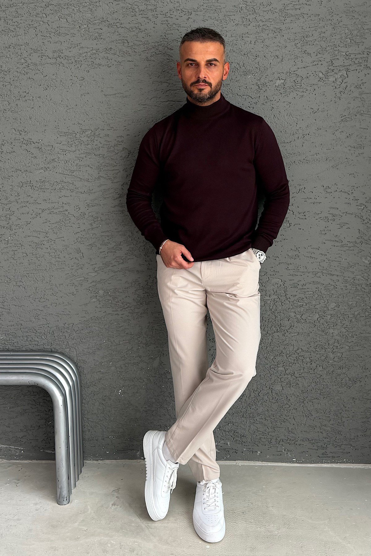 Bordo Boğazlı Basic Triko Kazak