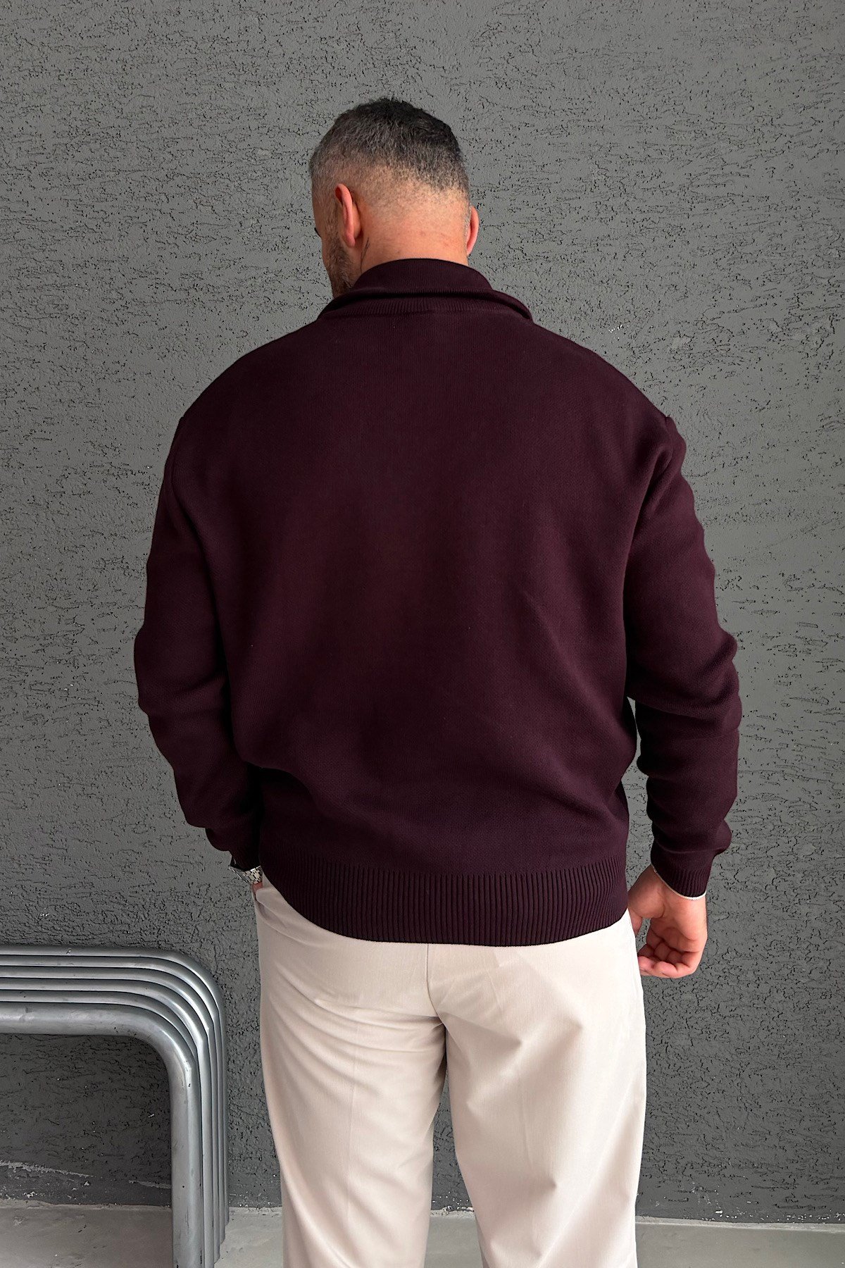 Bordo Yarım Fermuarlı Basic Sweatshirt