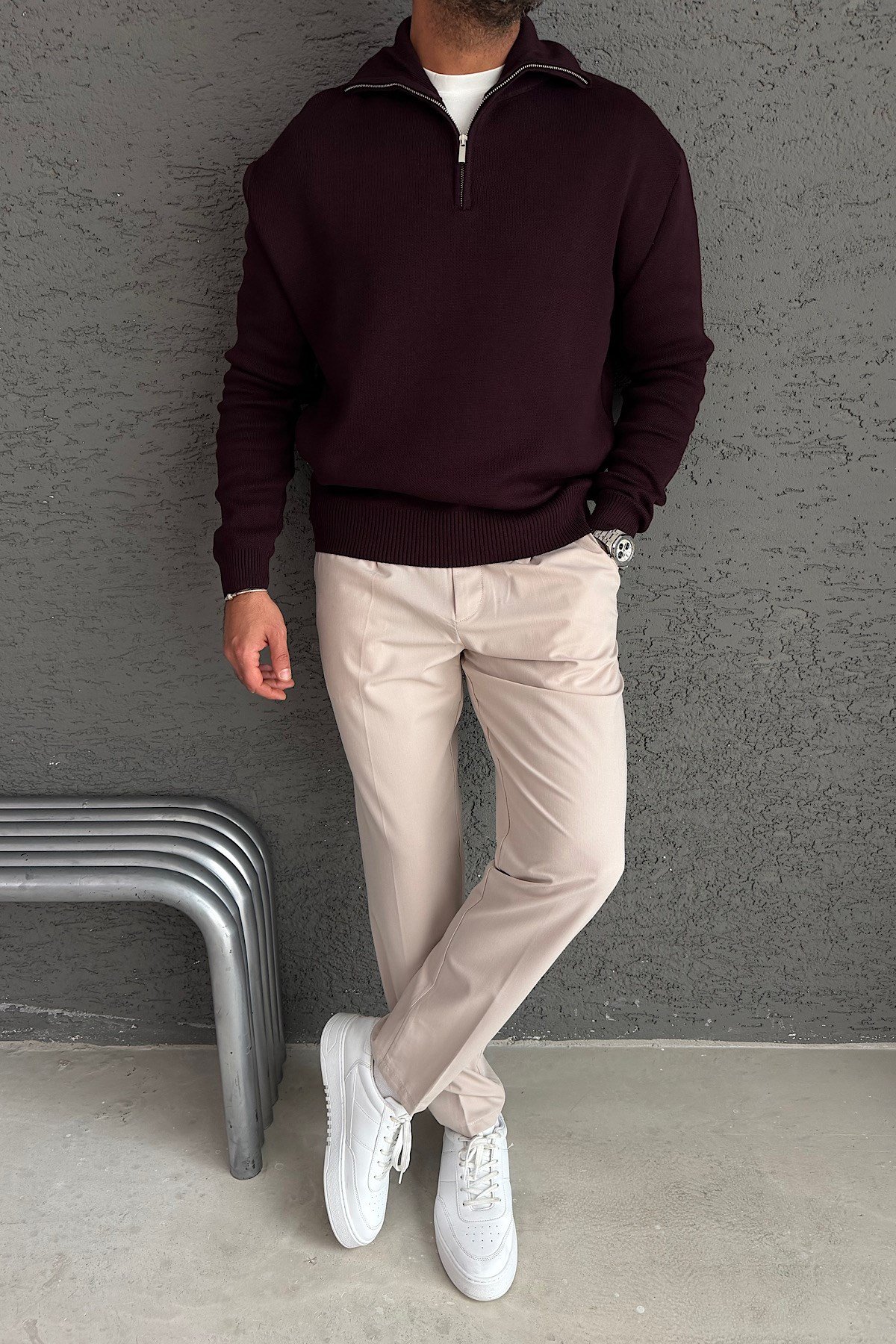 Bordo Yarım Fermuarlı Basic Sweatshirt
