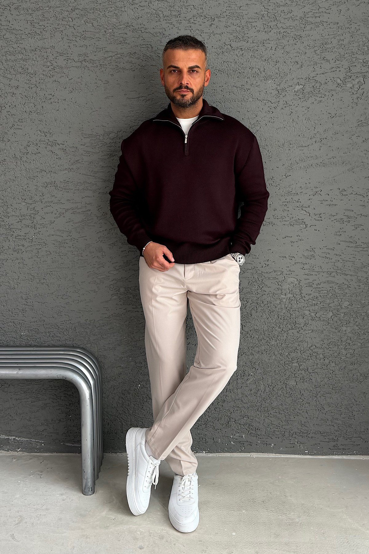 Bordo Yarım Fermuarlı Basic Sweatshirt