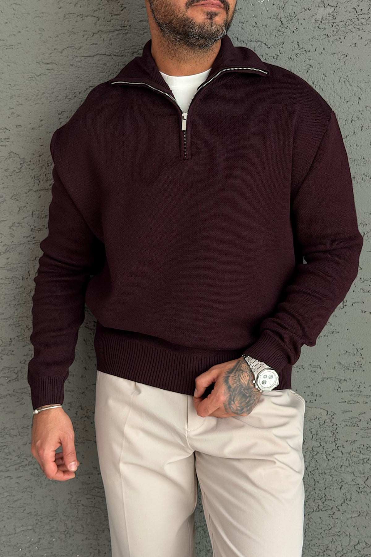 Bordo Yarım Fermuarlı Basic Sweatshirt