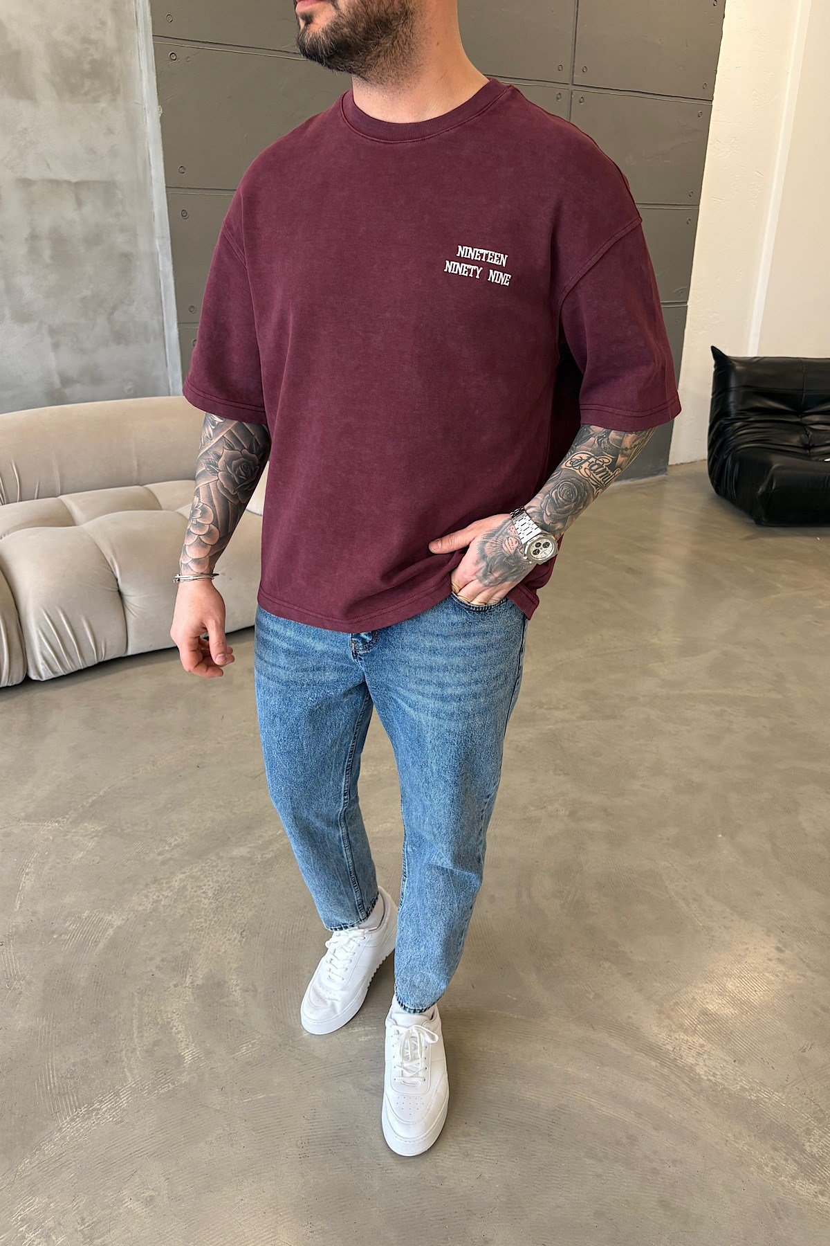 Bordo Yıkamalı 1999 T-Shirt