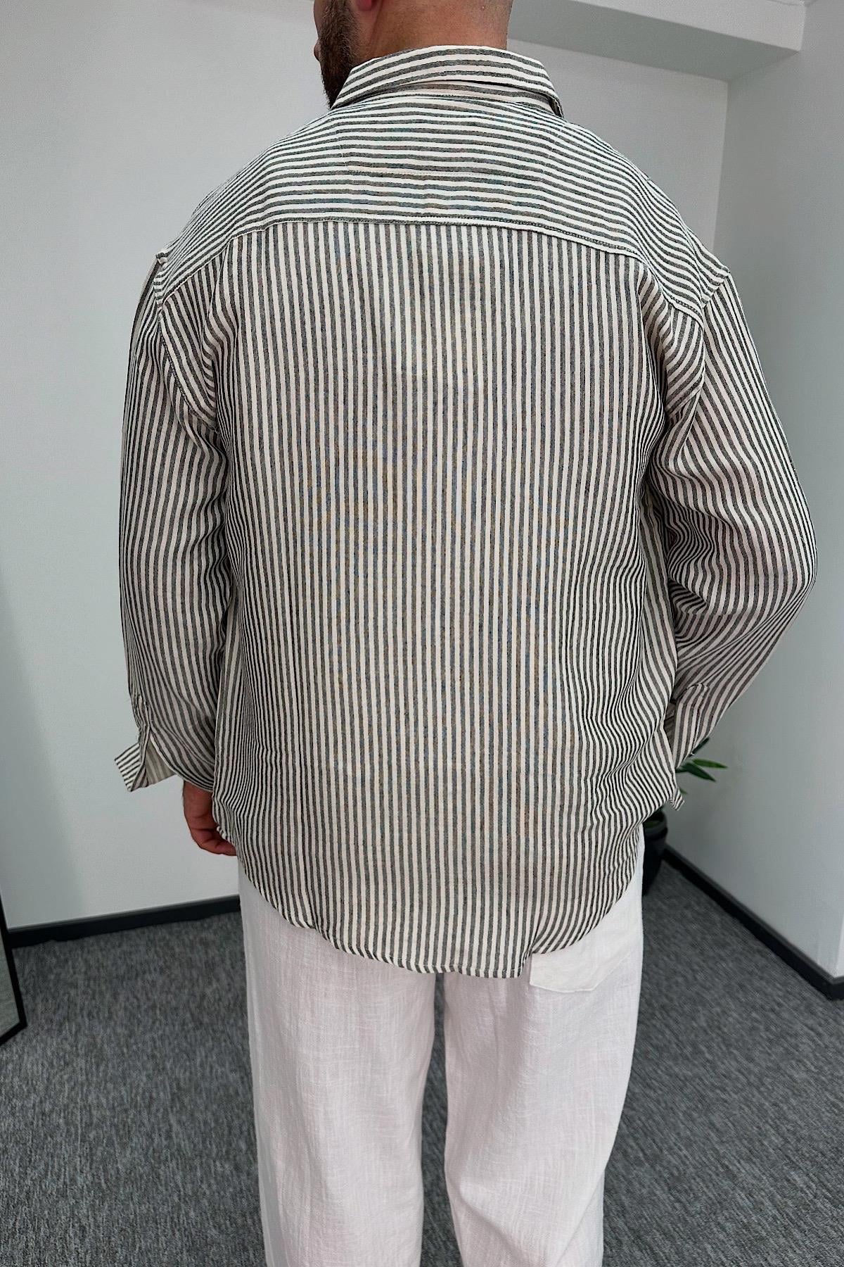 Çizgili Cepli Müslin Gömlek