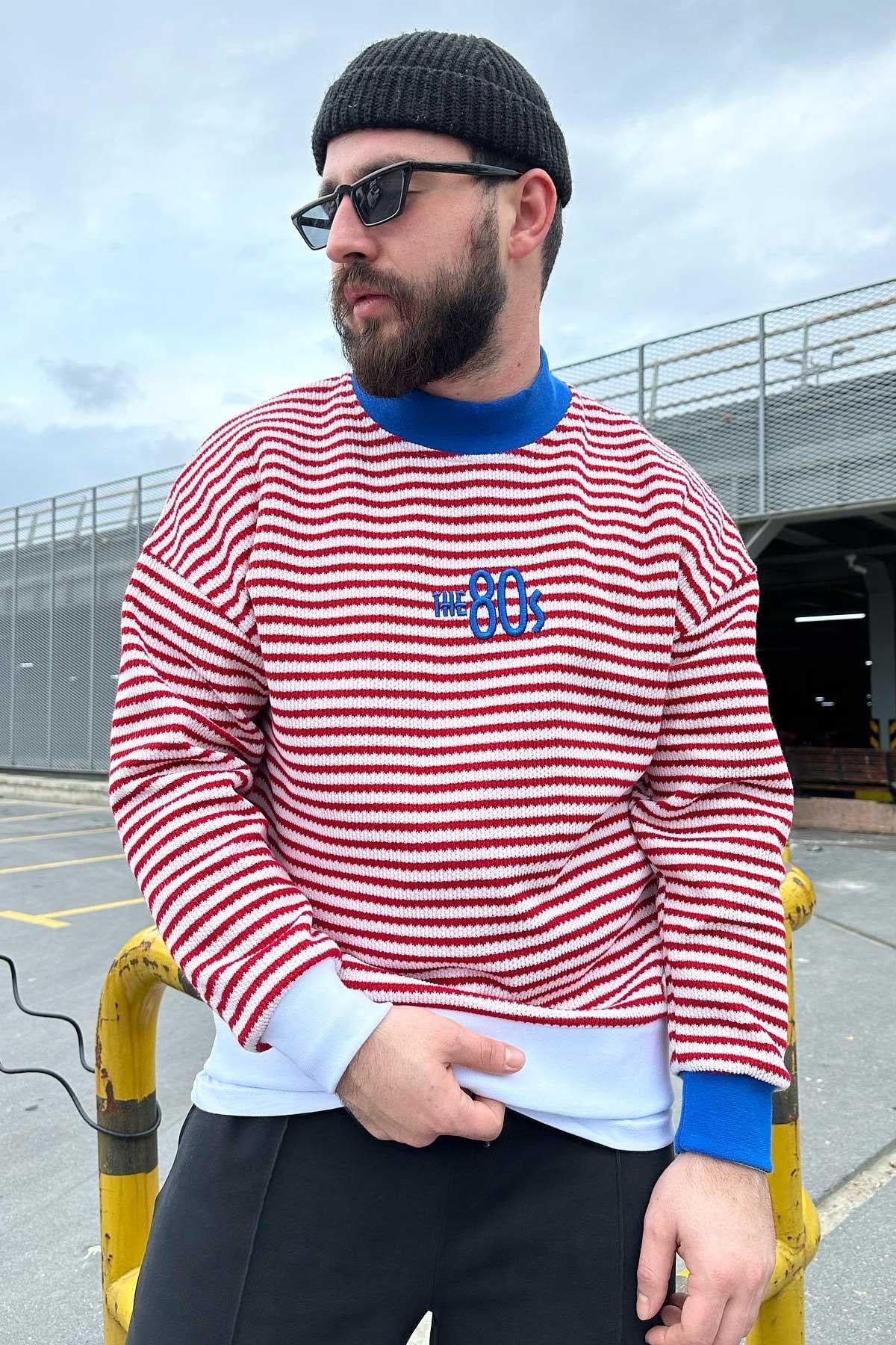 Çizgili Oversize Triko Sweat 