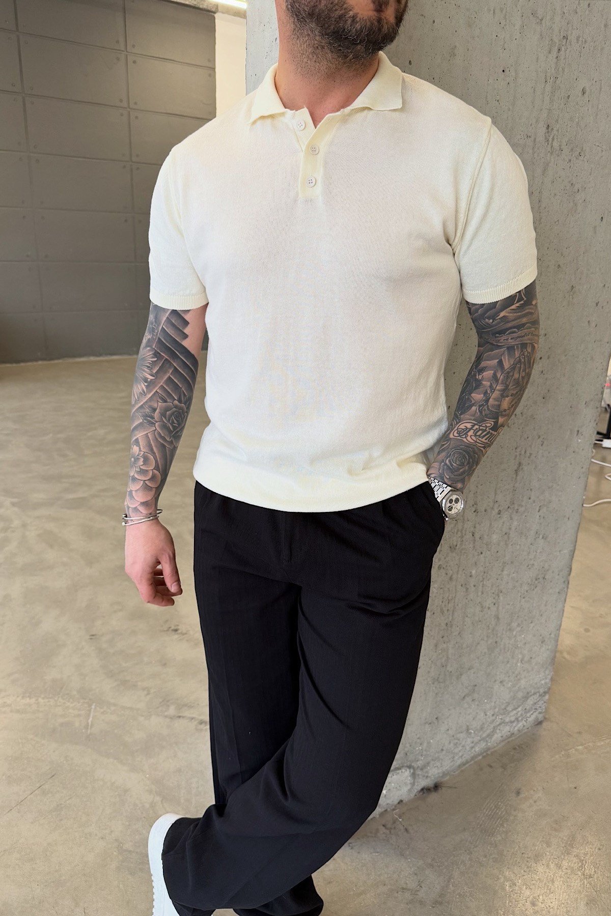 Ekru Basic Düğmeli Polo Yaka T-Shirt