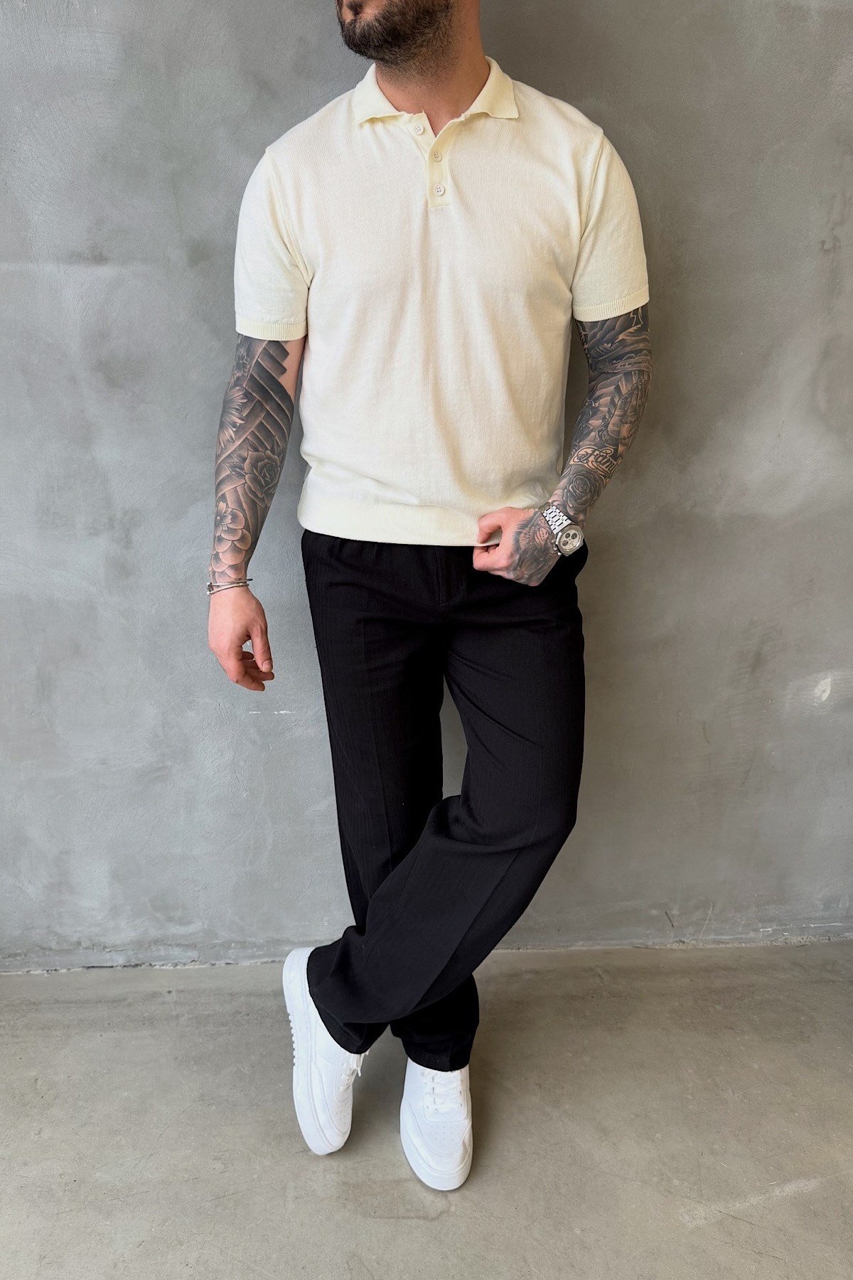 Ekru Basic Düğmeli Polo Yaka T-Shirt